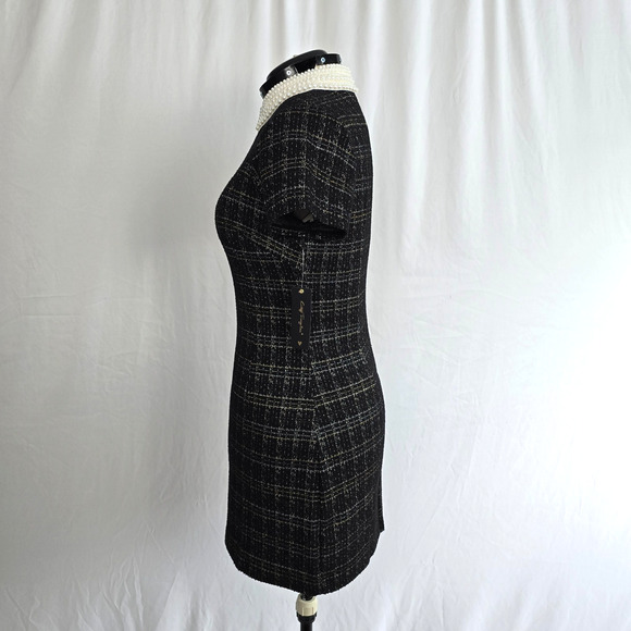 City Triangles Tweed Dress Women's L Black Gold Geo Faux Pearl Collar Mini NWT - Picture 5 of 14